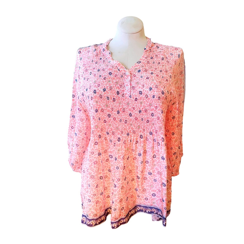 Renuar Pink Floral Smocked Peasant Blouse‎ 3/4 Boho Cottagecore